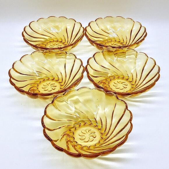 Vintage Hazel Atlas Golden Amber Swirl Glass Dessert Bowls